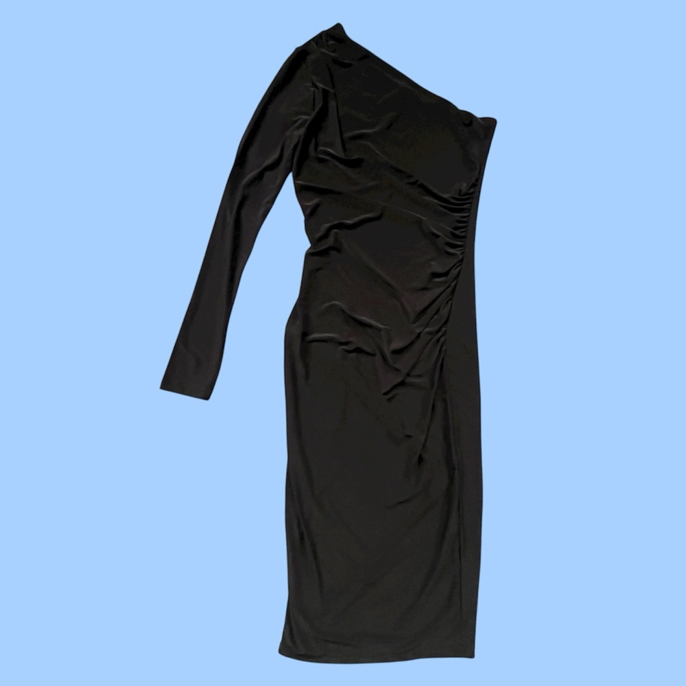 Black Ruched y2k One Sleeve Midi Dress